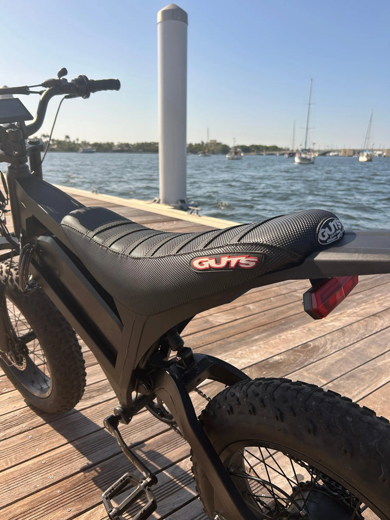 Zorix seat cover installed on a Zorix R8 ebike, close-up of textured grip fabric and custom fit.